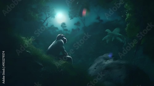 Video Recreation of a bipedal hominid sit down looking the stars at night in the jungle photo