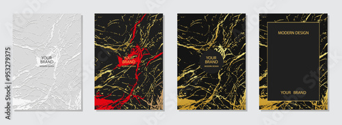 Cover design set. Texture backgrounds, gold texture, embossed. Geometric marble 3d pattern with spots, cracks, scratches. Stylish collection, grunge overlay layer. Vertical templates. 