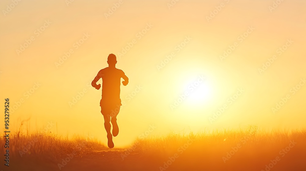 Silhouetted Runner Chasing the Setting Sun in an Energetic Outdoor Pursuit Silhouetted Runner Chasing the Setting Sun in an Energetic Outdoor Pursuit