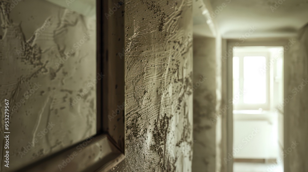 play of textures between the smooth mirror frame and the textured walls of the hallway, under soft daylight play of textures between the smooth mirror frame and the textured walls of the hallway, under soft daylight