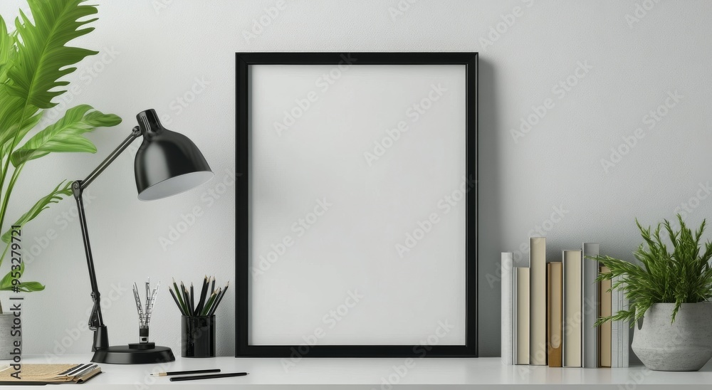 Minimalist workspace with a blank frame and greenery in a light-filled room Minimalist workspace with a blank frame and greenery in a light-filled room