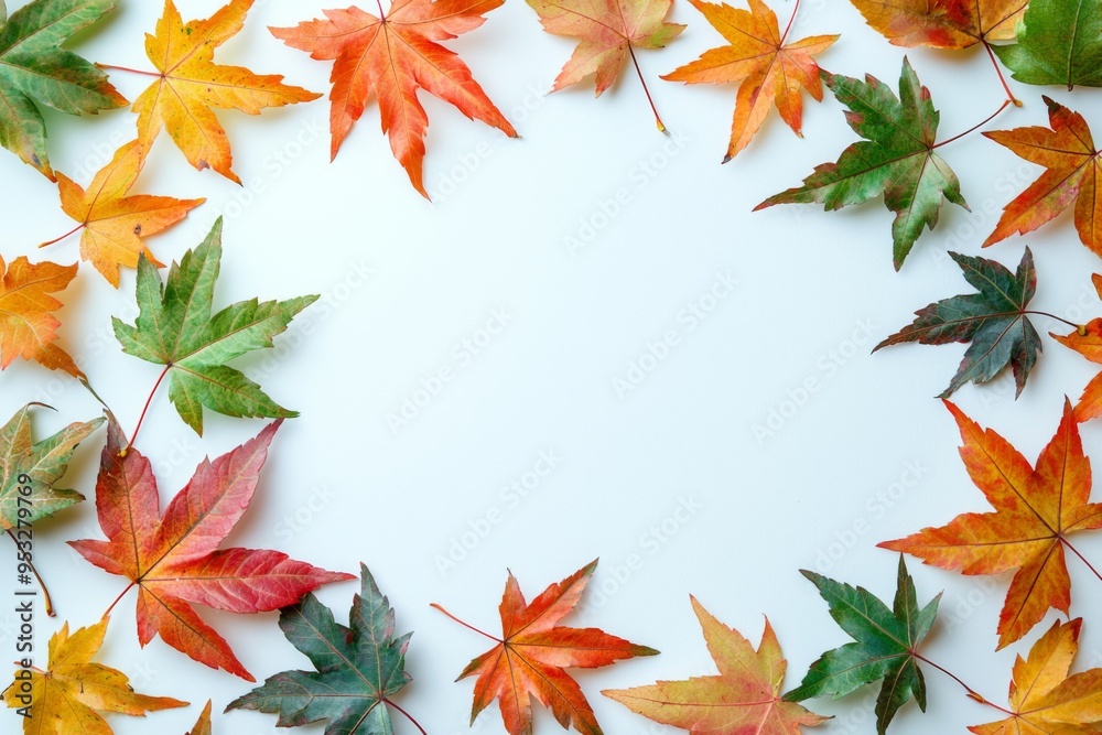 Autumn Maple Leaves Flat Lay White Background created with Generative AI Autumn Maple Leaves Flat Lay White Background created with Generative AI