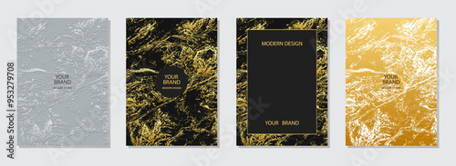 Cover design set. Texture backgrounds, gold texture, embossed. Geometric marble 3d pattern with spots, cracks, scratches. Art collection, grunge overlay layer. Vertical templates.