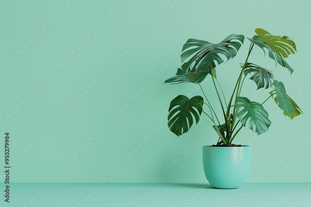 A potted monstera plant with large green leaves against a light green wall. A potted monstera plant with large green leaves against a light green wall.