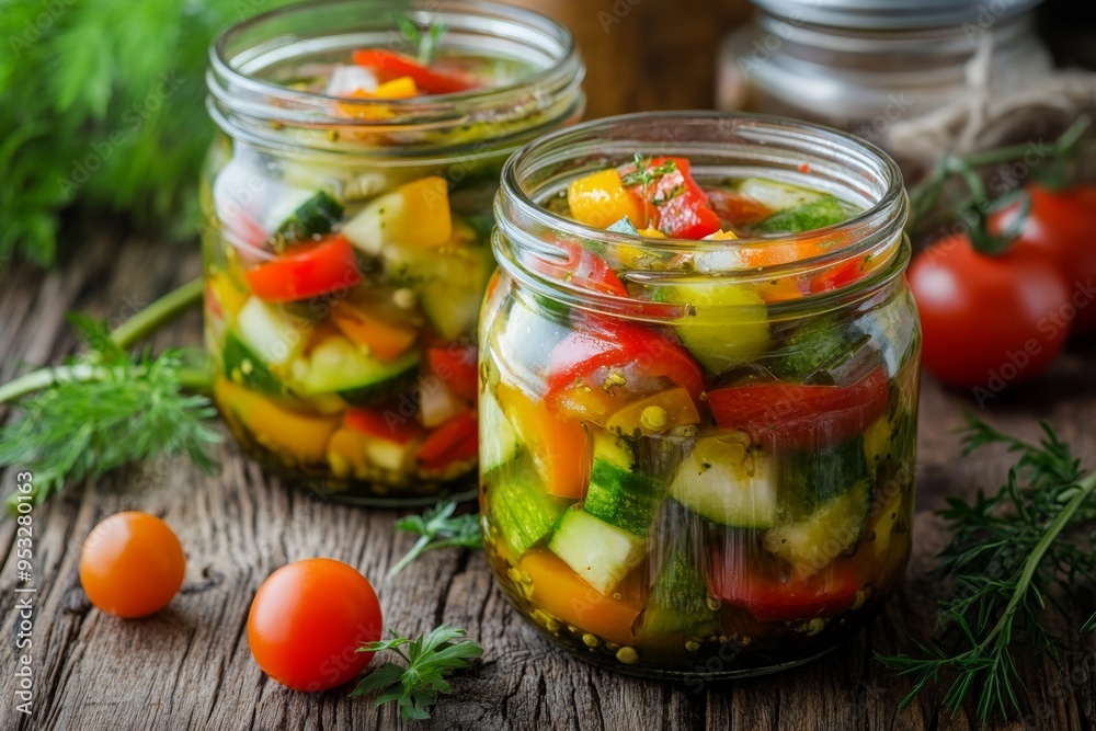 Two glass jars filled with marinated vegetables on rustic wooden table Two glass jars filled with marinated vegetables on rustic wooden table
