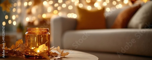 A cozy living room scene featuring a warm candle, autumn leaves, and soft bokeh lights, creating an inviting atmosphere.