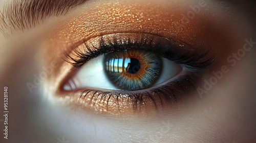 Close-up of a woman's eye with golden eyeshadow and long eyelashes.