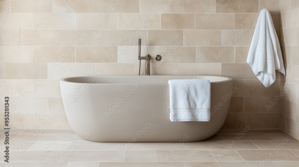 A minimalist bathroom featuring a sleek, modern bathtub with soft lighting and a calm, serene atmosphere.