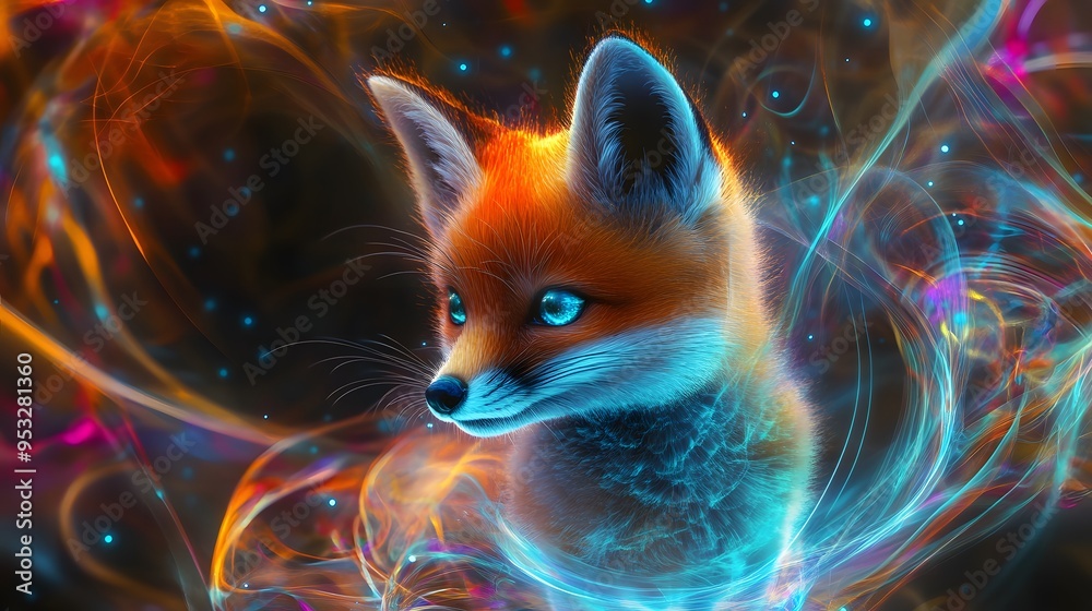 Digital cute baby fox in a holographic abstract interface style, showcasing shimmering light details and radiant colors Digital cute baby fox in a holographic abstract interface style, showcasing shimmering light details and radiant colors