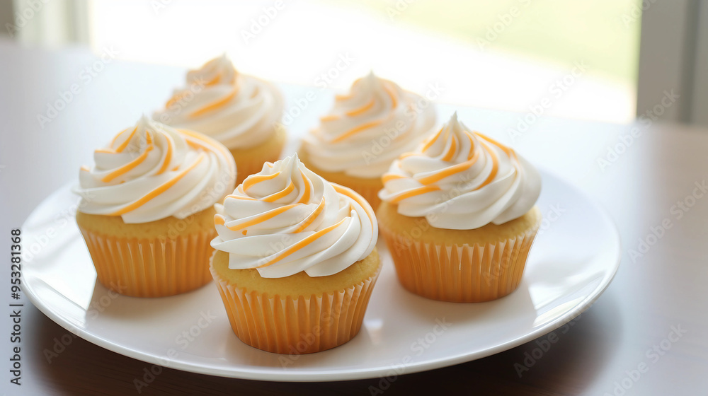 Four orange frosted cupcakes on white plate Four orange frosted cupcakes on white plate