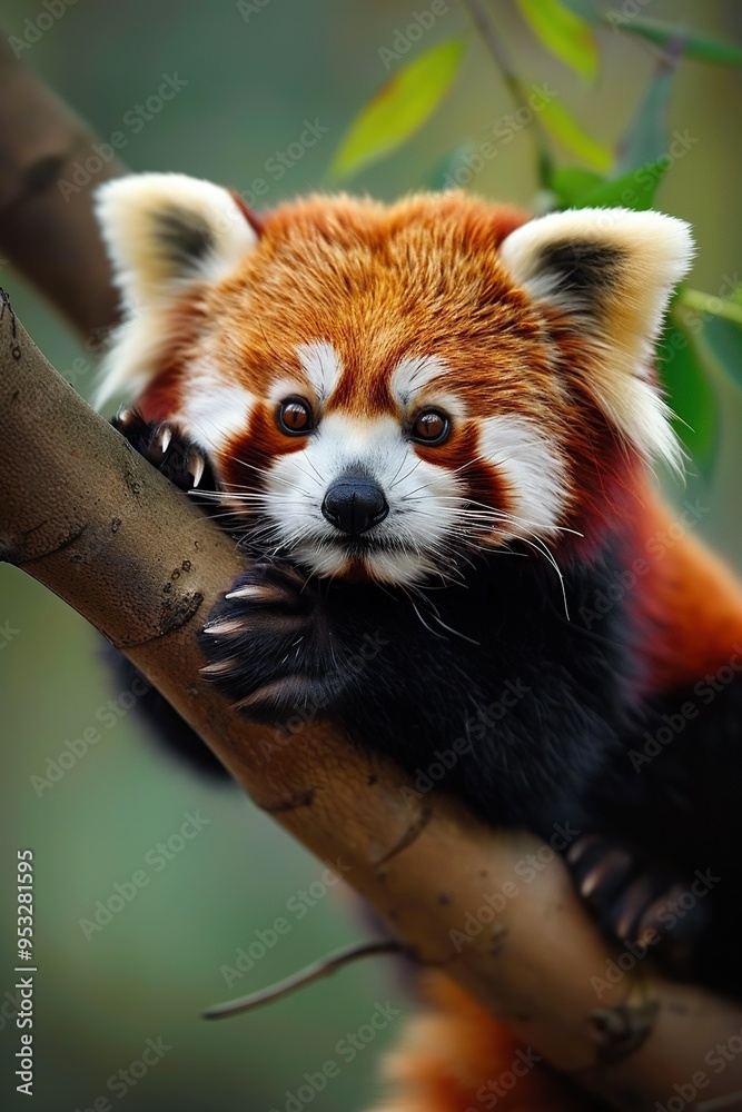 A red panda with striking orange and black fur sits on a tree branch, looking directly at the camera with large, dark eyes. A red panda with striking orange and black fur sits on a tree branch, looking directly at the camera with large, dark eyes.