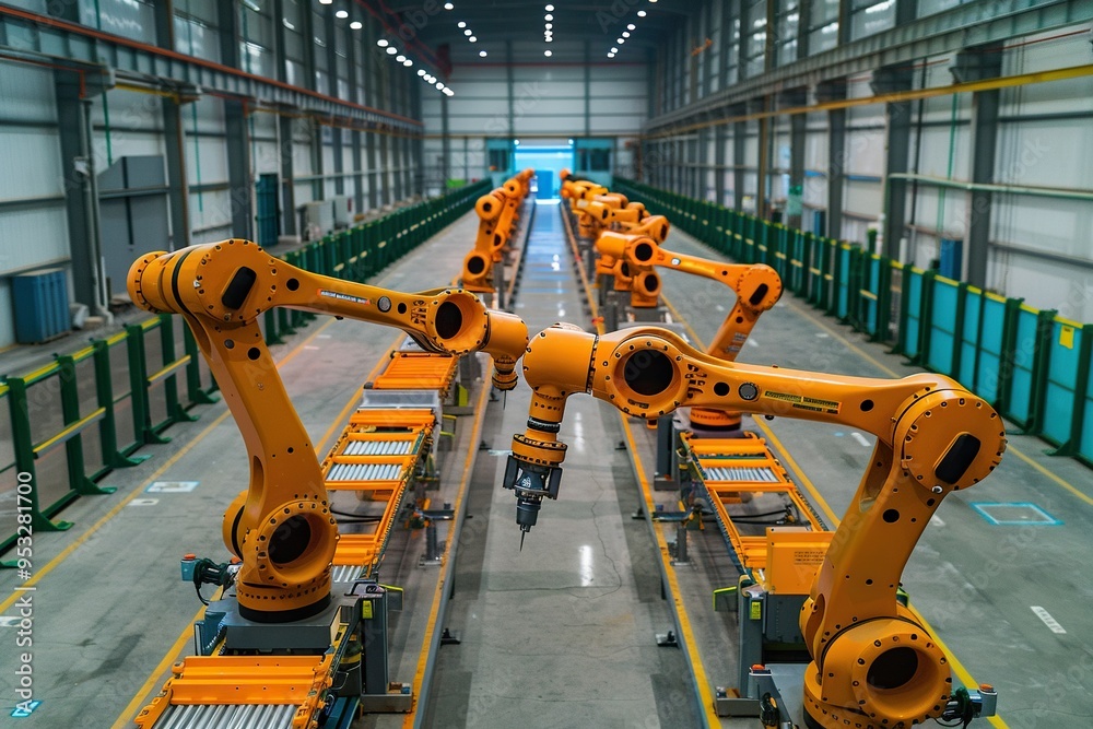 A row of industrial robotic arms working on a production line in a large warehouse. A row of industrial robotic arms working on a production line in a large warehouse.