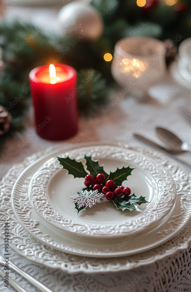 A beautifully set Christmas table with elegant plates and festive decorations A beautifully set Christmas table with elegant plates and festive decorations