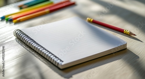 Colorful pencils arranged neatly beside a blank notepad on a wooden table in soft sunlight photo