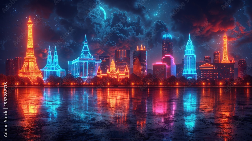 Design a collection of neon road trip destination symbols, including Design a collection of neon road trip destination symbols, including