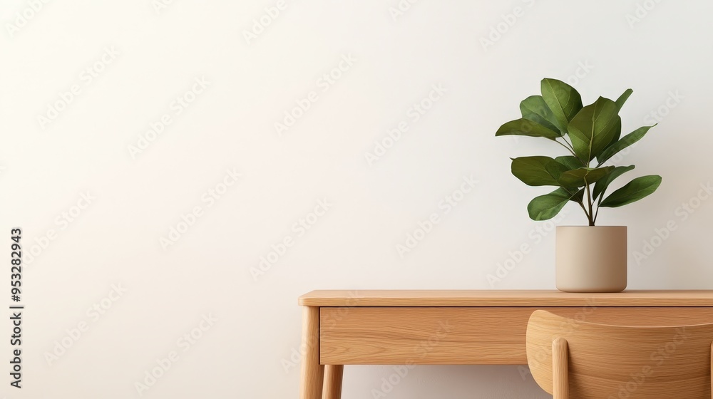 A serene workspace featuring a minimalist wooden desk and a stylish potted plant, perfect for home office decor. A serene workspace featuring a minimalist wooden desk and a stylish potted plant, perfect for home office decor.