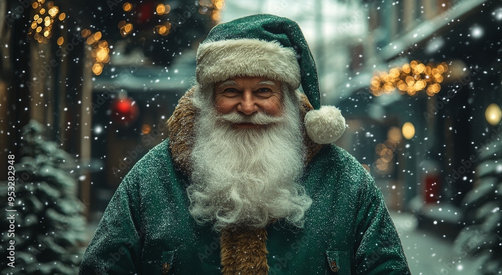 Santa Claus smiling warmly in front of a decorated Christmas tree during the holiday season Santa Claus smiling warmly in front of a decorated Christmas tree during the holiday season