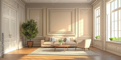 Wallpaper Mural contemporary design of living room with elegant light brown molding frames background and luxury wooden floor  Torontodigital.ca