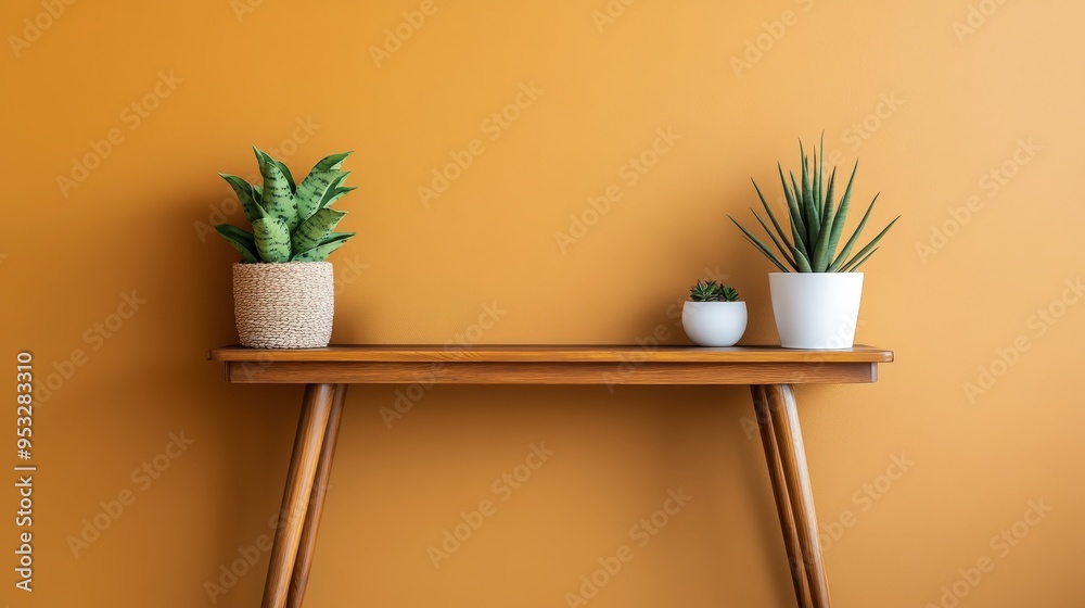 A stylish wooden table adorned with potted plants against a vibrant orange wall, perfect for modern home decor. A stylish wooden table adorned with potted plants against a vibrant orange wall, perfect for modern home decor.