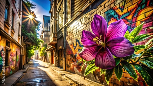 Ethereal Tibouchina blooms amidst vibrant graffiti in a sun-drenched alley, its delicate petals a stark contrast to the urban bravado surrounding it. photo