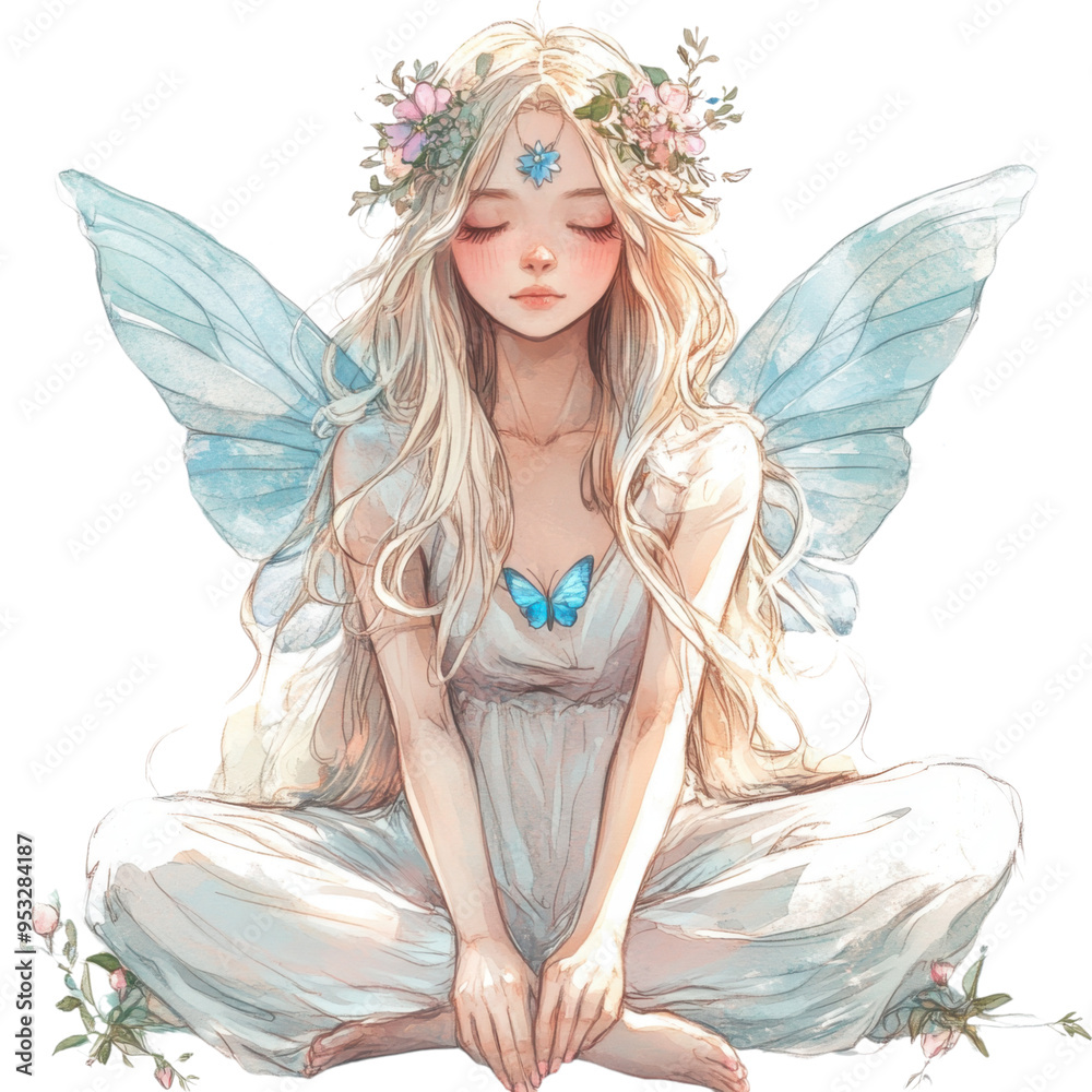 A fairy with a butterfly on her shoulder sits on the ground. The butterfly is blue and the fairy is wearing a flower crown A fairy with a butterfly on her shoulder sits on the ground. The butterfly is blue and the fairy is wearing a flower crown