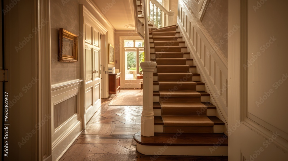 tranquil view from the staircase, emphasizing the hallway's balanced composition and natural lighting tranquil view from the staircase, emphasizing the hallway's balanced composition and natural lighting