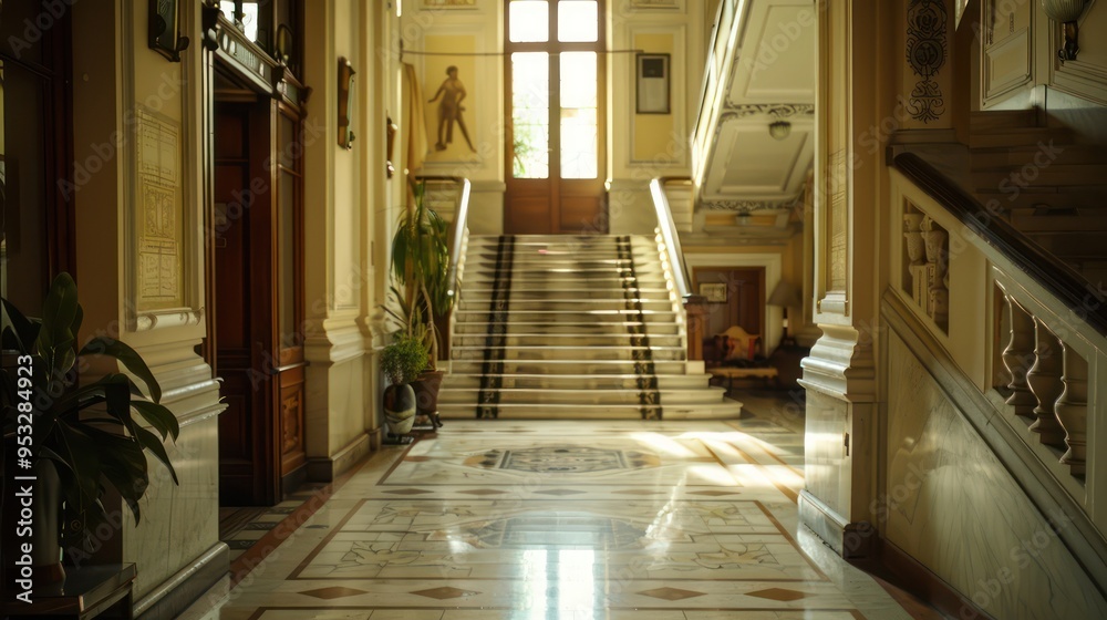 Fototapeta premium tranquil view from the staircase, emphasizing the hallway's balanced composition and natural lighting