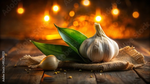 mystical atmospheric still life of lush green leaf wrapped around a rustic clove of garlic in soft warm golden light evoking comfort and serenity