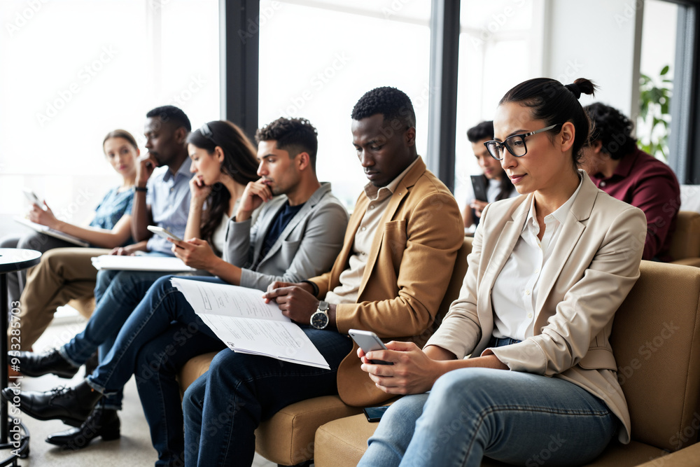 Diverse Job Candidates Waiting for Interviews: Modern Office Scene Ideal for HR, Recruitment, and Career Coaching Diverse Job Candidates Waiting for Interviews: Modern Office Scene Ideal for HR, Recruitment, and Career Coaching