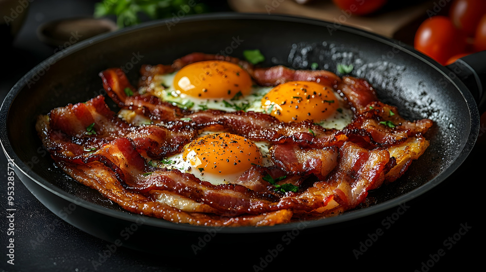 Closeup of crispy bacon and fried eggs in a skillet. Closeup of crispy bacon and fried eggs in a skillet.