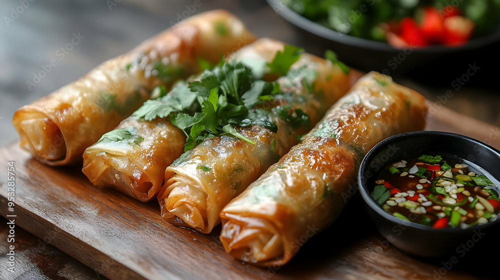 Close-up of crispy spring rolls with dipping sauce. Close-up of crispy spring rolls with dipping sauce.