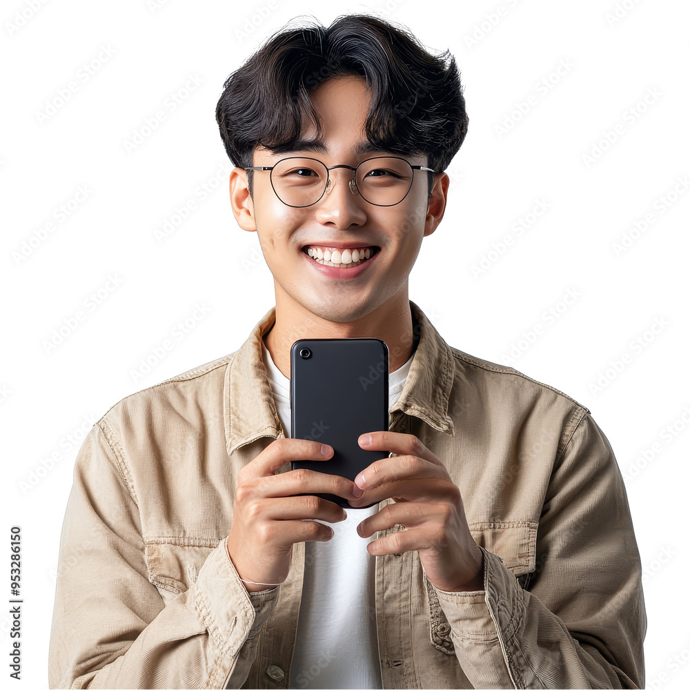 A smart young Asian man is smiling confidently while using his smartphone in a bright studio environment, Attractive young smart Asian man using mobile smart phone transparent background A smart young Asian man is smiling confidently while using his smartphone in a bright studio environment, Attractive young smart Asian man using mobile smart phone transparent background