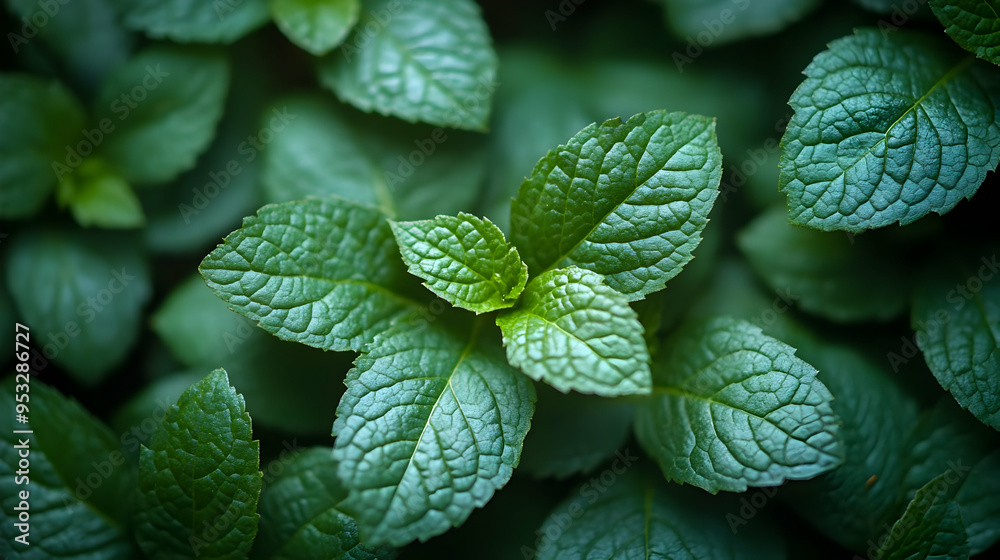 Close-up of fresh green mint leaves with visible veins. Close-up of fresh green mint leaves with visible veins.