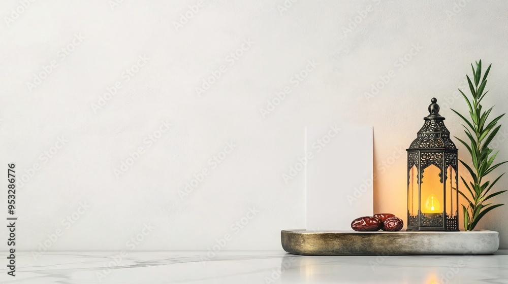 A serene still-life featuring dates, a lantern, and a minimalist backdrop, evoking warmth and tradition.