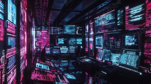 A dark, futuristic control room filled with an array of holographic screens displaying vibrant neon text and graphics, primarily in blue and pink. The room's atmosphere is immersive, with data streami