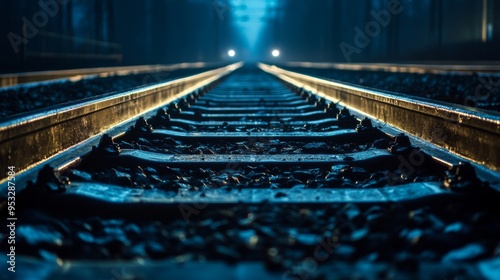 Fototapeta Naklejka Na Ścianę i Meble -  Night shot of railway tracks illuminated by the headlights of an approaching train, with the tracks gleaming and the surrounding darkness creating a dramatic effect.