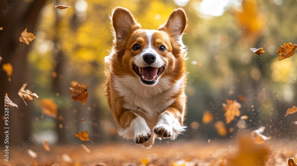 Cute dog running and playing in the park, surrounded by falling leaves, smiling with his tongue out