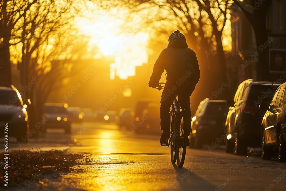 The bicyclist riding through a sunrise lit street, Monday morning, active and ecofriendly The bicyclist riding through a sunrise lit street, Monday morning, active and ecofriendly