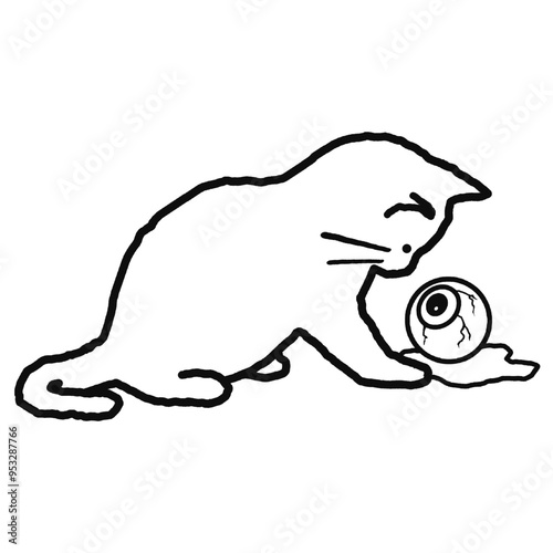 halloween cat hand drawn illustration cat playing with an eyeball outline funny halloween illustration photo