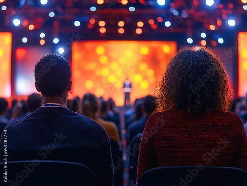 Rear view of a diverse audience attentively listening to a speaker at a business conference, with a well-lit stage and professional setting photo