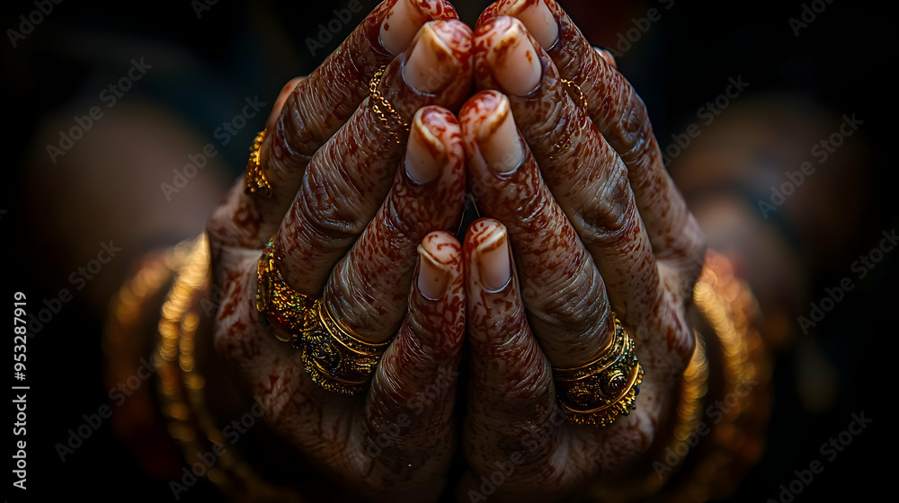 Close-up of henna-covered hands with gold jewelry. Close-up of henna-covered hands with gold jewelry.