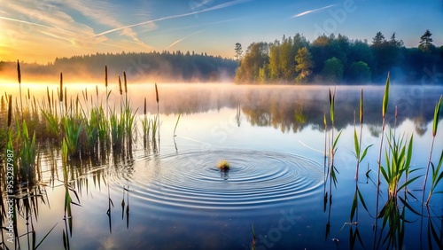 Rippled morning mist wraps around cattails as a single water droplet echoes the concentric circles of an submerged fishing line in a serene shallow lake. photo