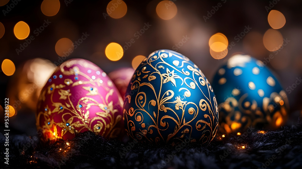 Close-up of intricately decorated Easter eggs on a fuzzy black surface with warm, blurred bokeh lights.