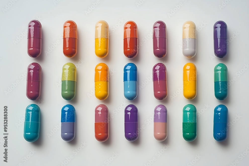 Colorful pills and capsules neatly arranged, representing pharmaceutical variety and healthcare Colorful pills and capsules neatly arranged, representing pharmaceutical variety and healthcare