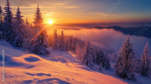 Winter Sunset Over Snowy Mountains