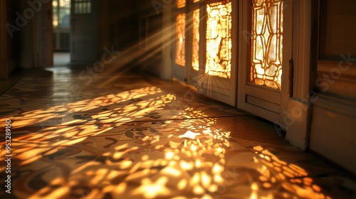 artistic close-up of the sunlight casting intricate patterns through the window onto the hallway floor