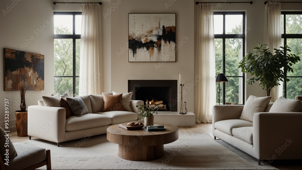 Modern Living Room with Fireplace, Neutral Colors, and Natural Light Modern Living Room with Fireplace, Neutral Colors, and Natural Light