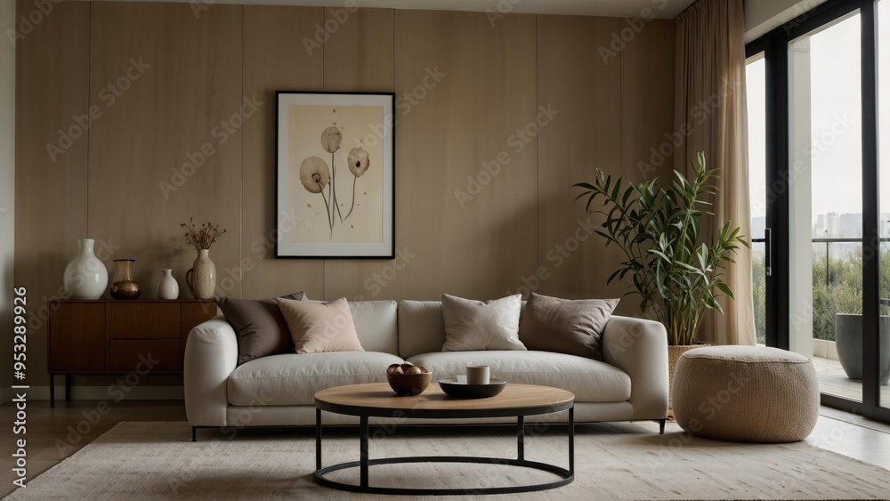 Fototapeta premium Modern Living Room Interior Design with White Sofa and Brown Wooden Accents