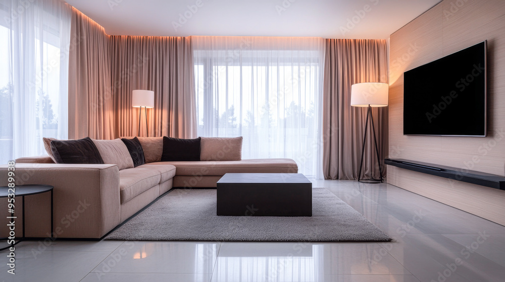 Modern minimalist living room interior with futuristic led lighting elements. Modern minimalist living room interior with futuristic led lighting elements.