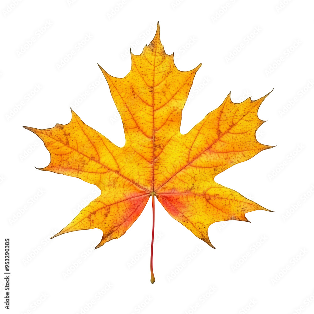 Fototapeta premium A vibrant autumn maple leaf in yellow and orange stands out against a transparent background, perfect for seasonal themes, autumn maple leaf on transparent background